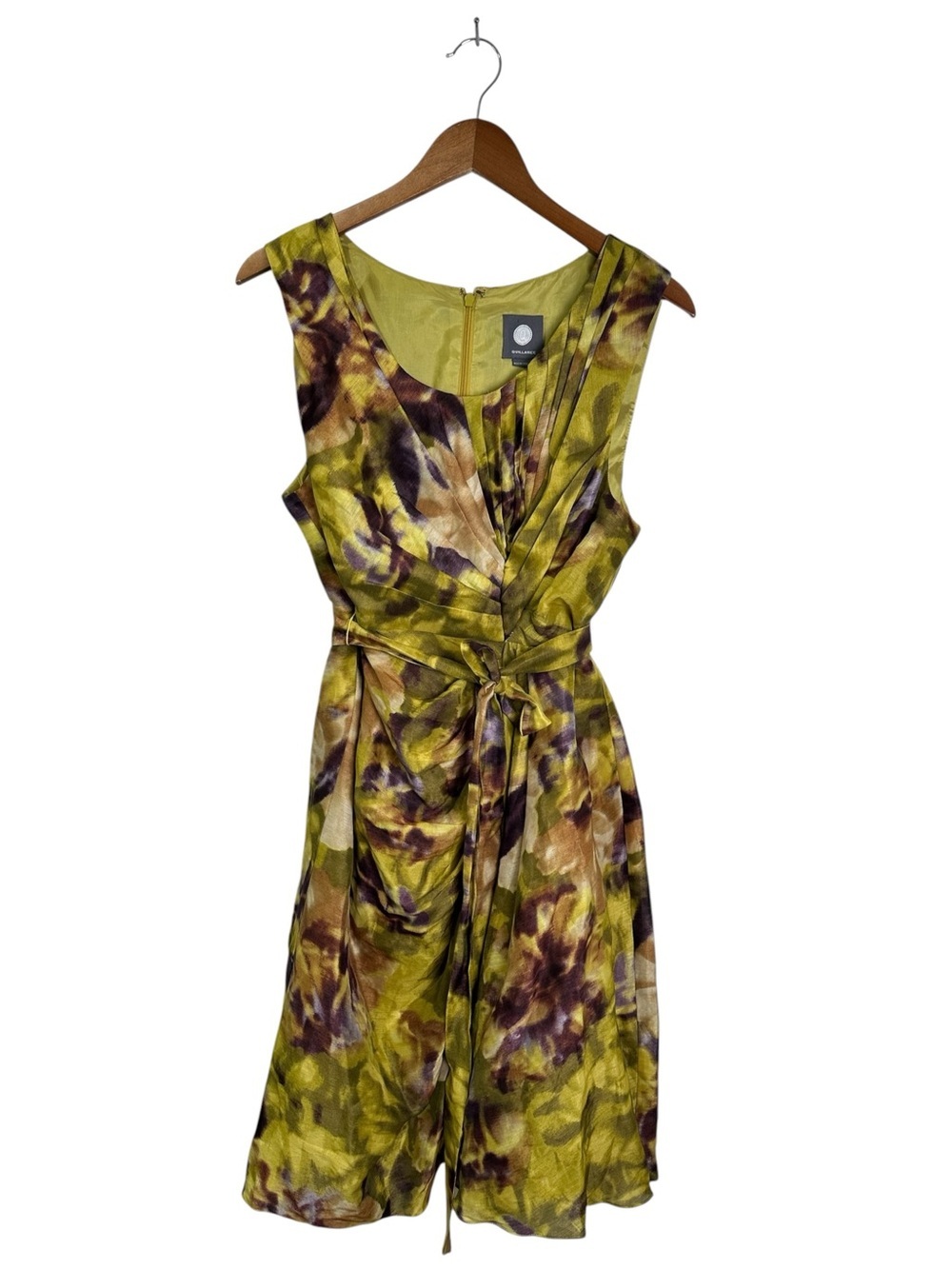 Anthropologie Quillaree 14 Chartreuse Starburst Floral Silk Linen Blend Dress